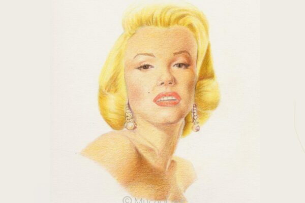 Portrait de Marilyn Monroe aux crayons de couleur issue d'un triptyque. Travail spécifique autour de la superposition de couches colorées (Technique du glaci).