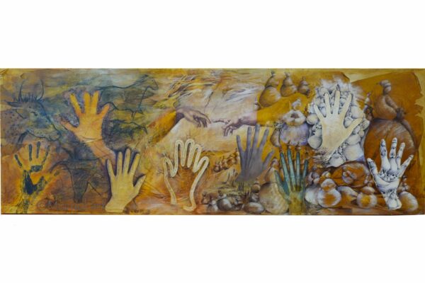 Travail effectué dans le cadre du salon des artistes de Bourg-St-Maurice sur le thème de l’enfance de l’art. Peinture acrylique associée à des encre du collage et stylo bille.