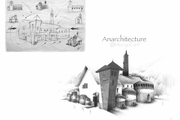 Pour une exposition participative à AIME, “Anarchitechture", j’ai proposé un mélange de collages et d’un dessin au stylo bille qui montre un assemblage entre la Basilique Saint-Martin et l’église Saint-Sigismond d’Aime.