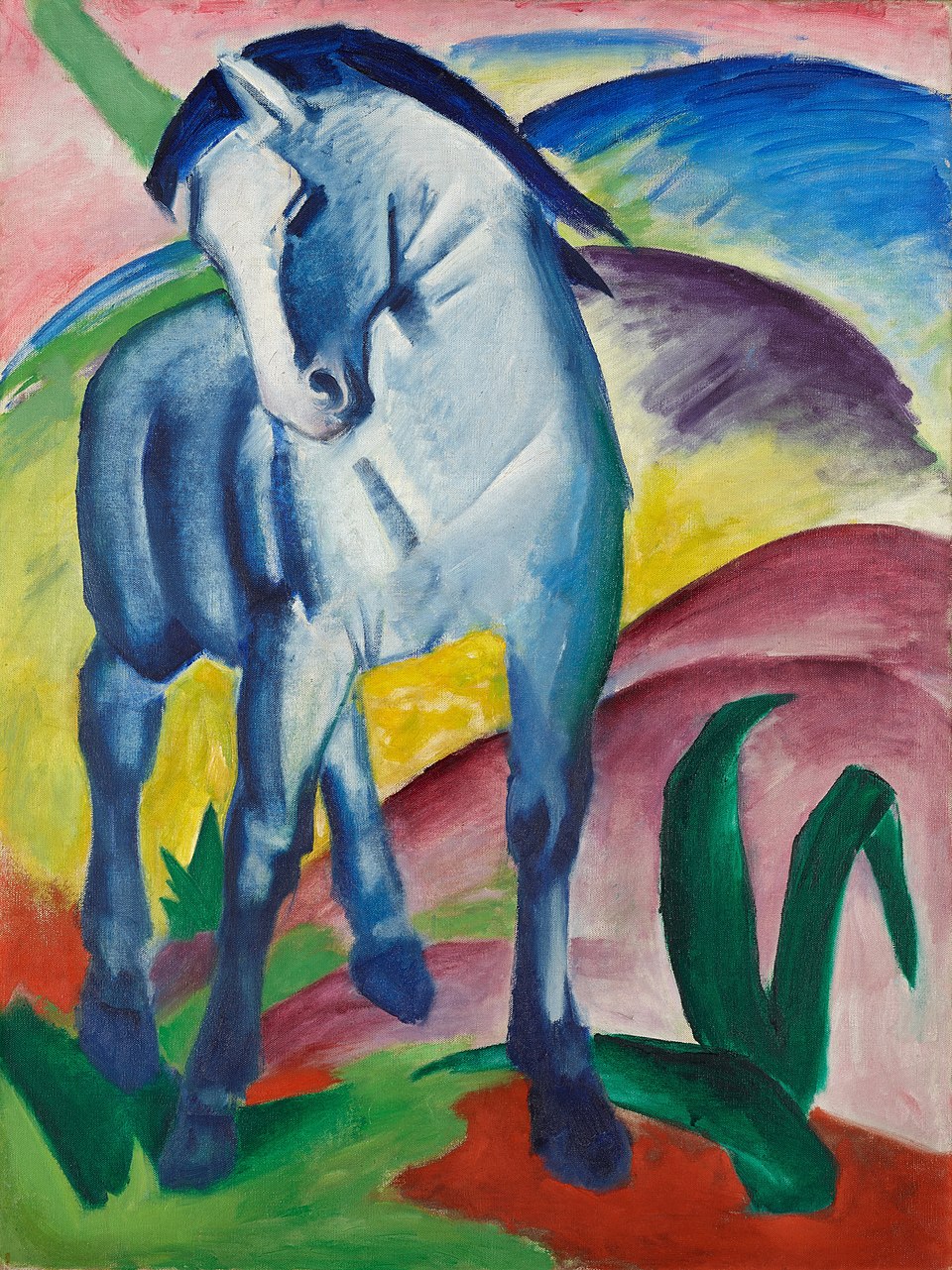 Blue Horse I de Franz Marc (1911), peinture expressionniste représentant un cheval bleu stylisé dans un paysage coloré, symbole de spiritualité, de force et d’harmonie avec la nature.
