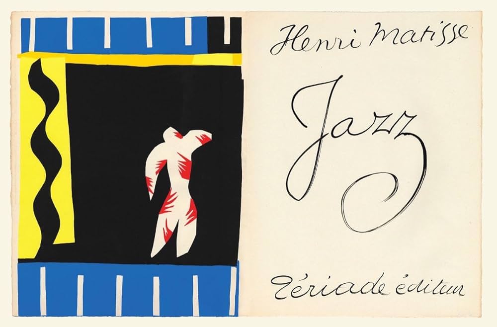 Planche du livre Jazz de Henri Matisse (1947) montrant une silhouette stylisée en gouache découpée sur fond contrasté, où la couleur, le rythme et le mouvement traduisent une sensation corporelle proche de la musique.
