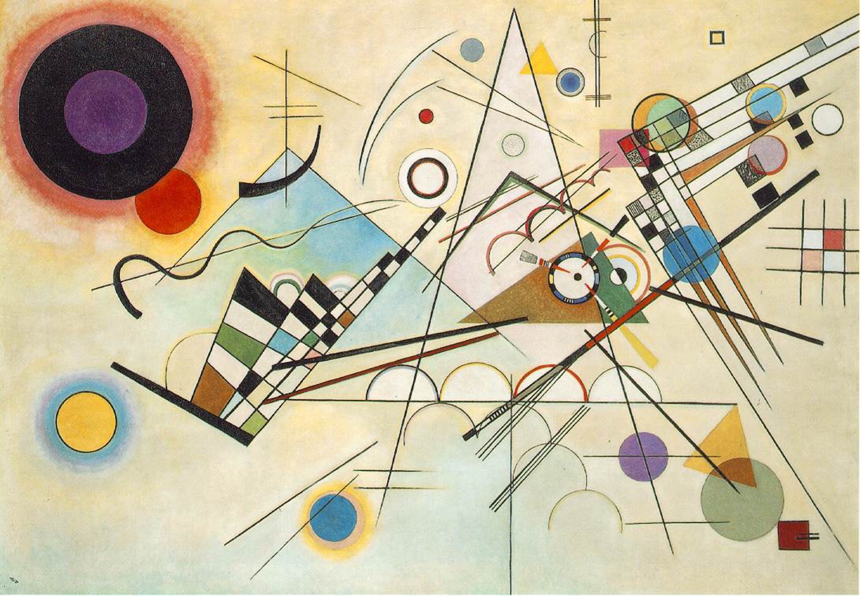 Composition VIII de Kandinsky (1923), peinture abstraite géométrique aux formes et lignes inspirées du rythme musical