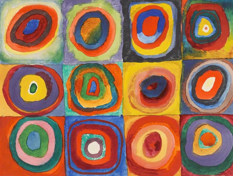 Étude de couleurs de Kandinsky (1913), carrés et cercles concentriques montrant les interactions chromatiques