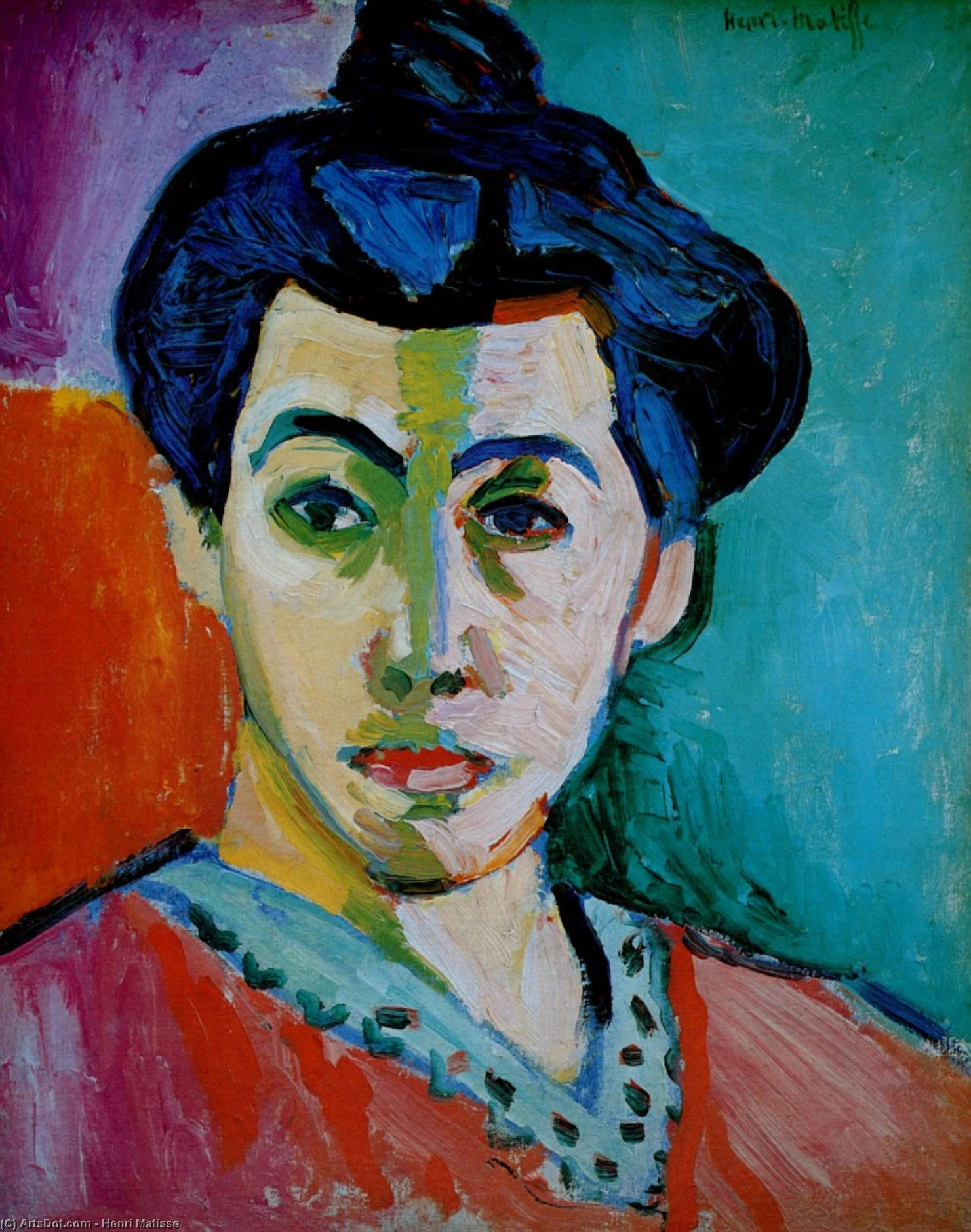Portait de la femme de matisse en s’éloignant du réalisme. C’est une peinture très colorée