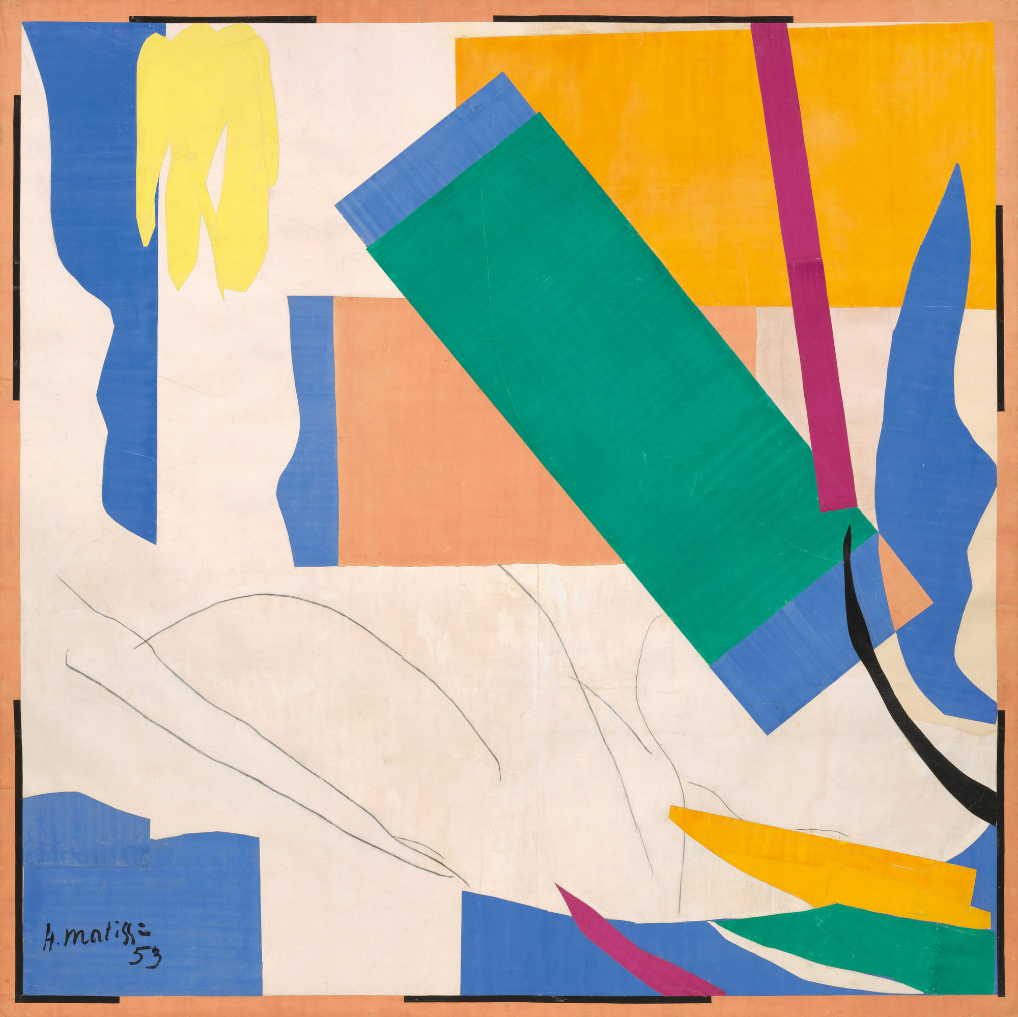 Gouache découpée de Henri Matisse (1953) où de grandes formes colorées se déploient autour d’un corps esquissé, montrant comment la couleur et le rythme créent une sensation de respiration et d’équilibre plutôt qu’une représentation réaliste.