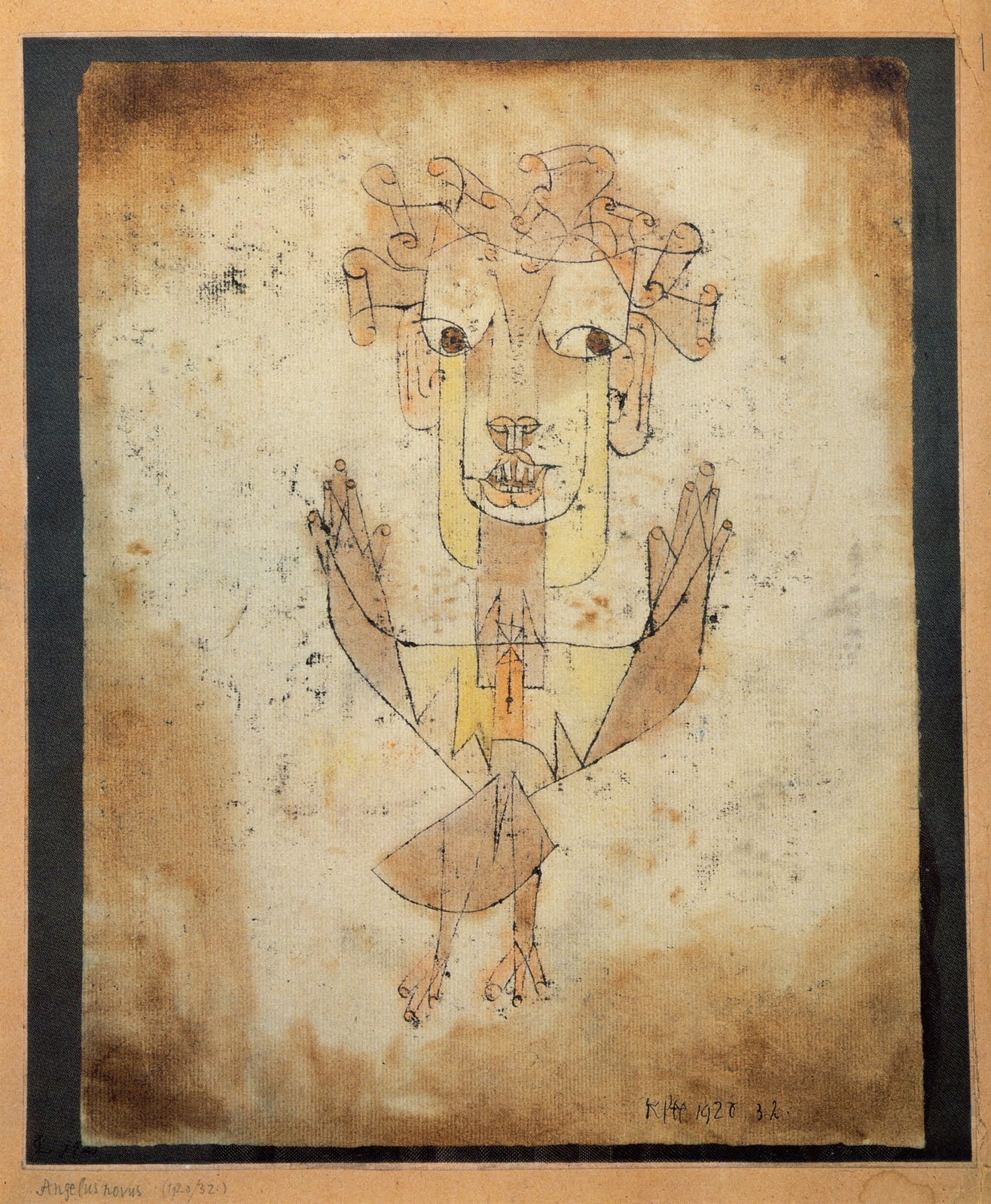 Œuvre de Paul Klee intitulée « Angelus Novus » (1920) : dessin représentant un ange stylisé aux grands yeux ronds et aux ailes géométriques, tracé en lignes simples sur fond clair, évoquant une présence à la fois fragile et énigmatique.