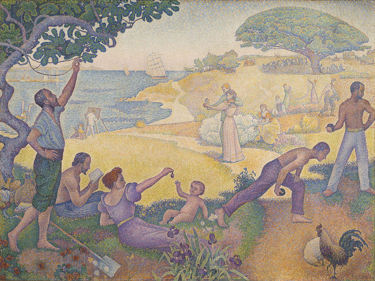 Tableau néo-impressionniste de Paul Signac intitulé Au temps d’harmonie (1893–1895), utilisant la juxtaposition de couleurs pures pour créer une scène équilibrée et lumineuse.