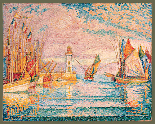 Peinture pointilliste de Paul Signac représentant le phare de Groix (1925), construite par des touches colorées régulières créant un rythme visuel calme et structuré.