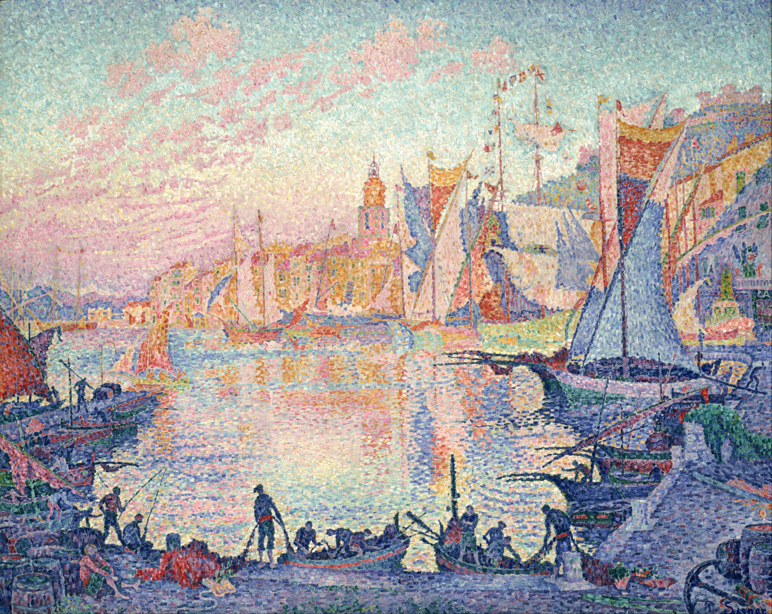 Peinture pointilliste de Paul Signac représentant le port de Saint-Tropez, composée de touches colorées juxtaposées créant une lumière vibrante et structurée.