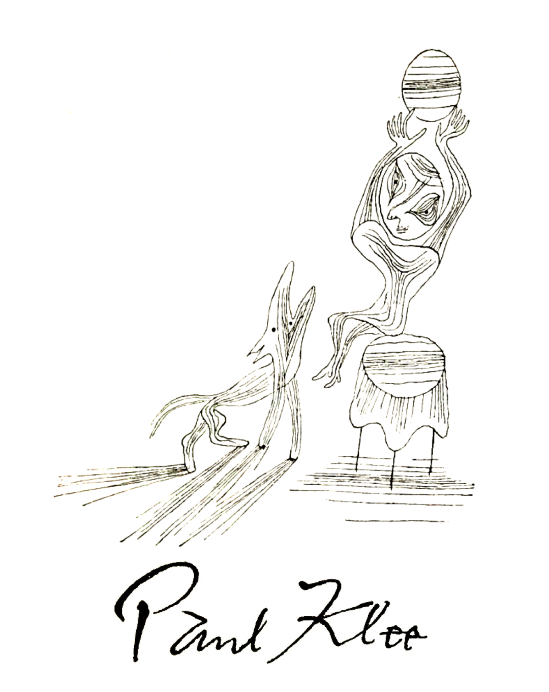 dessin à la plume de klee représente un chien et un personnage fait de lignes qui forment le volume