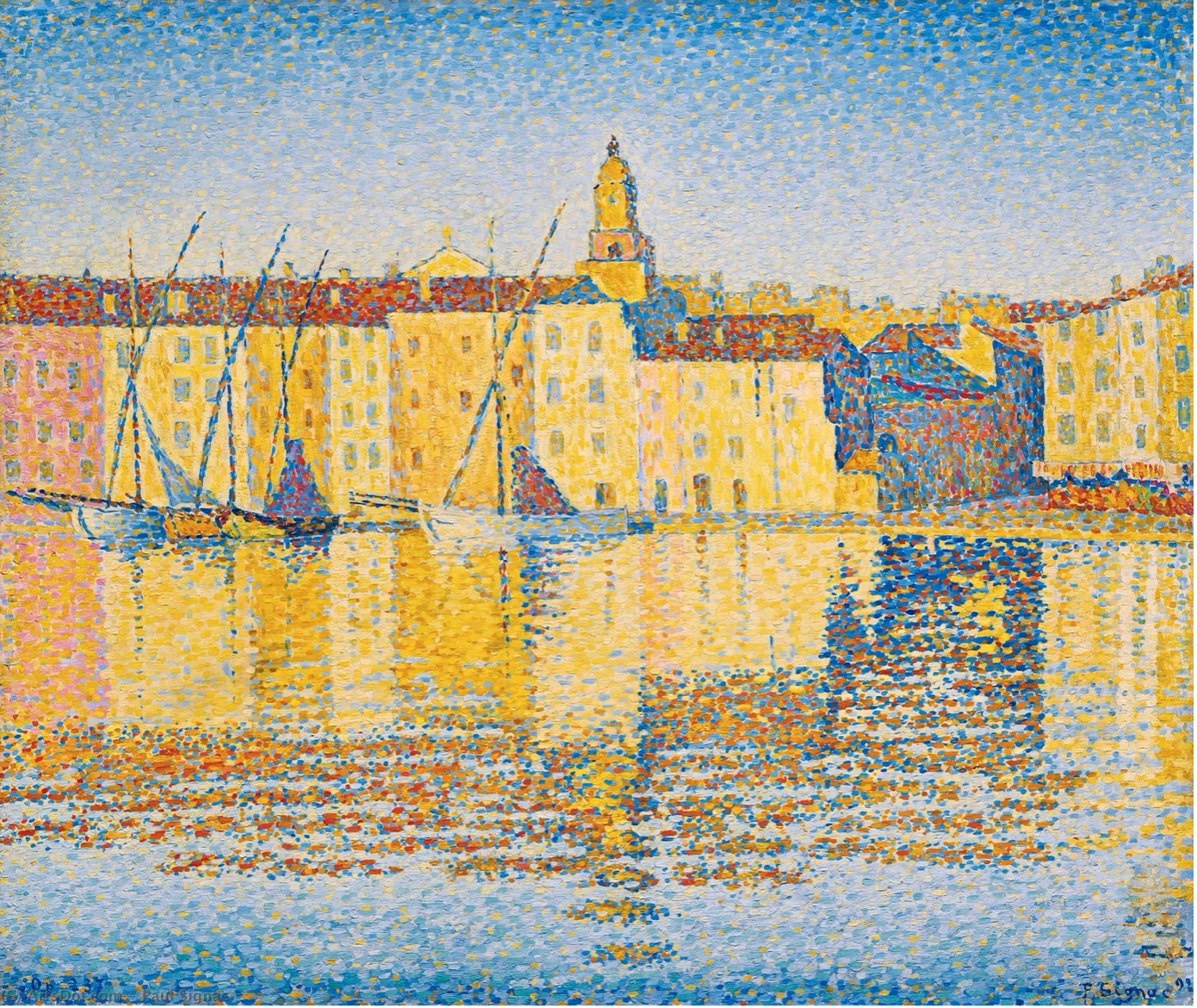 Peinture de Paul Signac représentant le port de Saint-Tropez, composée de touches colorées juxtaposées illustrant une construction progressive et méthodique de la couleur.