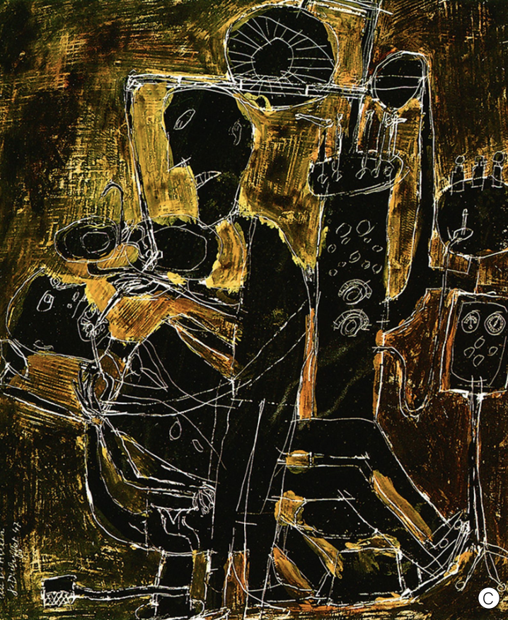 Dubuffet a tendance à entourer ses formes d'un contour noir, mais quand le fond est foncé, les griffures sont claires avec toujours cet effet de matière