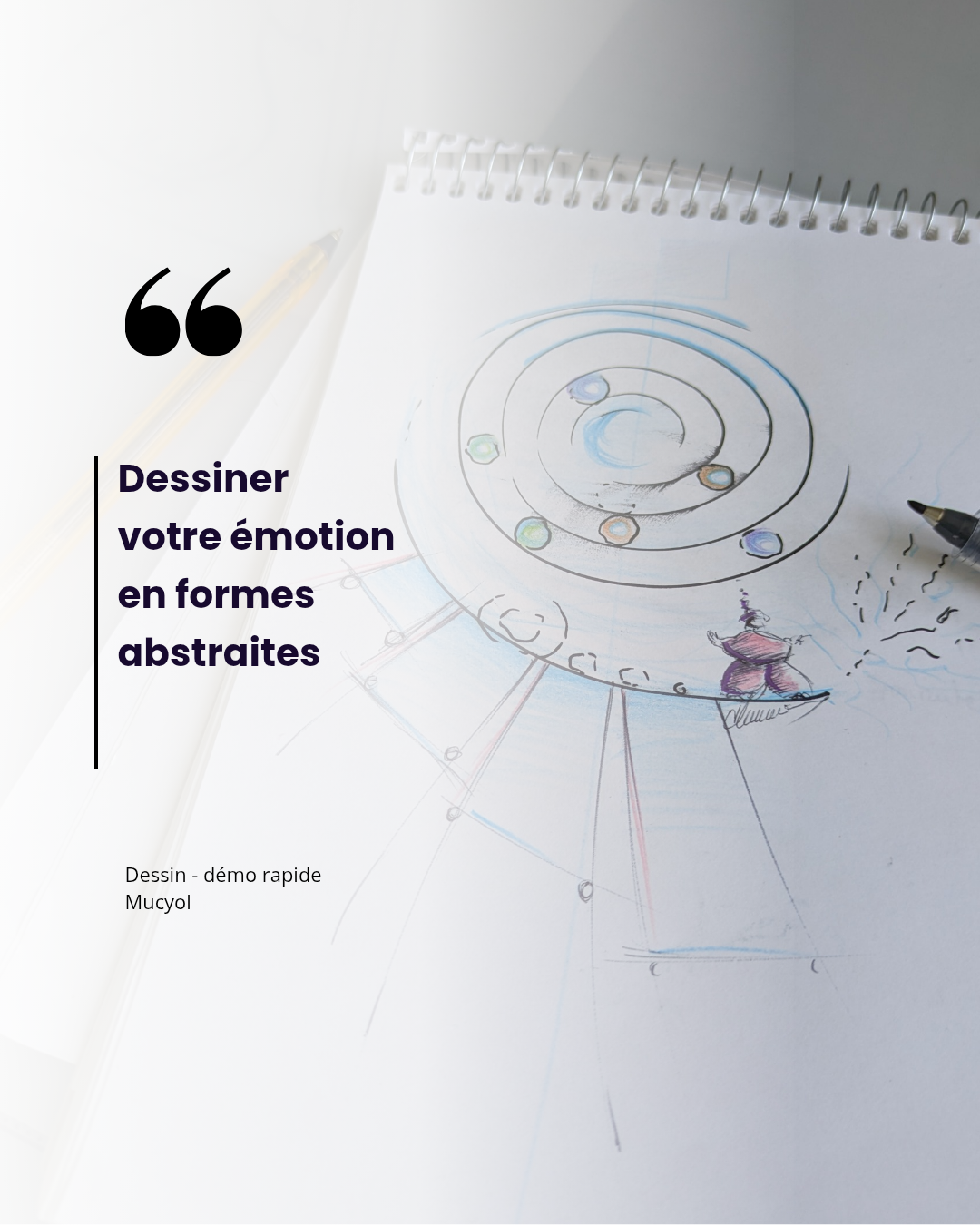 Dessin abstrait représentant une émotion à travers des lignes circulaires et des formes colorées