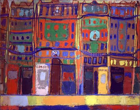 Peinture représentant une ville simplifiée aux contours irréguliers et aux textures épaisses. Les formes semblent presque grattées ou modelées dans la matière, donnant à l’image un aspect brut et spontané.