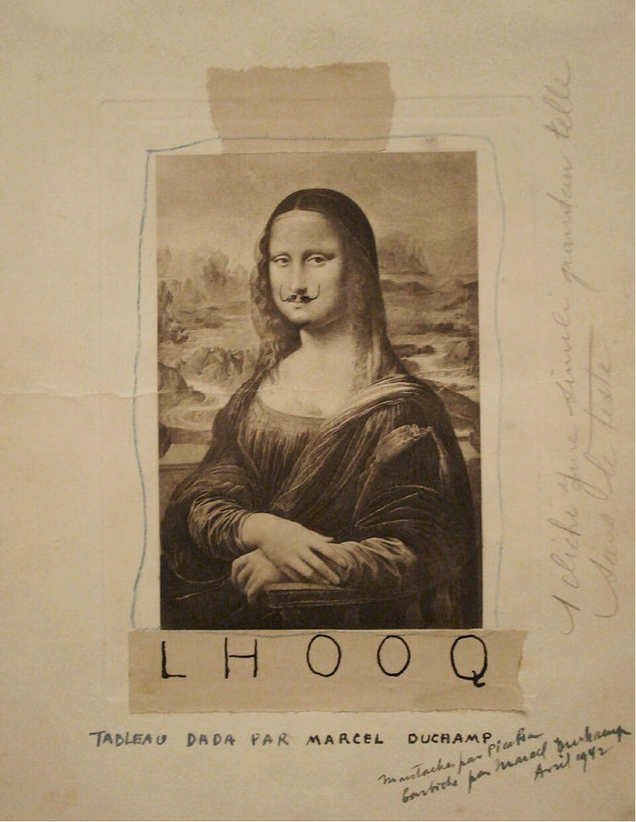 Carte postale de la Joconde modifiée par Marcel Duchamp en 1919 avec moustache et barbiche, œuvre conceptuelle intitulée L.H.O.O.Q.