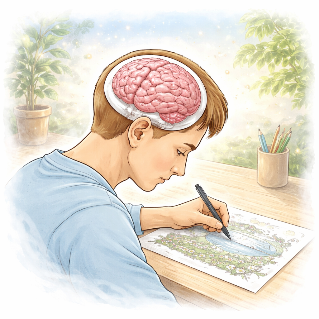 personne qui dessine dans un état calme et concentré