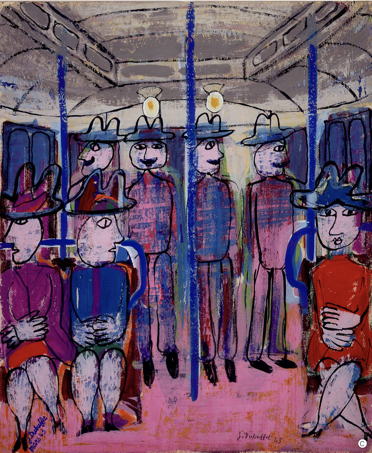 Peinture représentant une scène urbaine simplifiée où des figures humaines stylisées apparaissent dans un espace dense et texturé. Les formes sont volontairement naïves et les contours irréguliers, donnant à la scène une énergie spontanée.