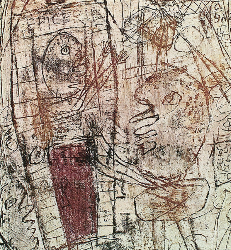 Peinture représentant un paysage stylisé composé de formes irrégulières et de textures épaisses. Les contours noirs structurent l’image tandis que la matière picturale donne un aspect brut et presque sculpté.