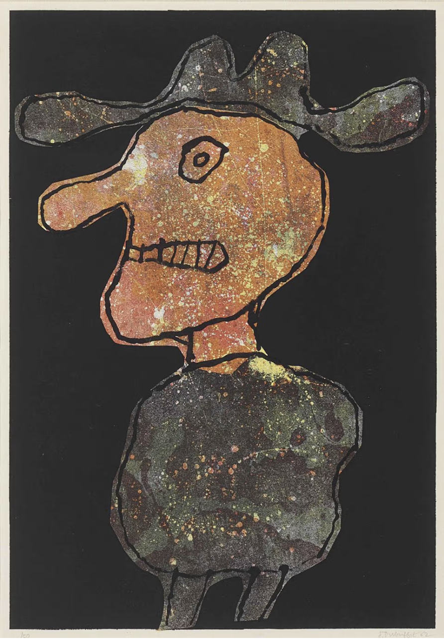 Peinture représentant une figure humaine stylisée composée de lignes irrégulières et de formes simplifiées. La surface picturale présente une texture dense qui accentue l’aspect brut et expressif de l’image.