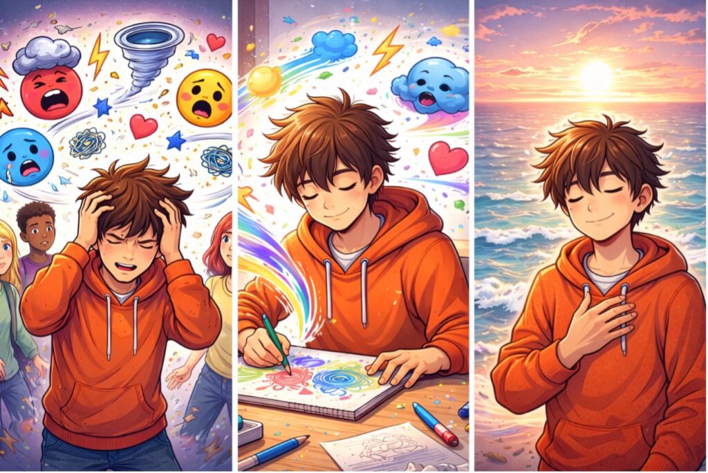 Triptyque illustrant un adolescent passant du débordement émotionnel à l’apaisement grâce au dessin, avec des émotions colorées transformées en création artistique