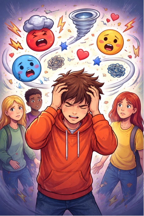 Adolescent entouré d’émotions fortes comme la colère, la tristesse et la peur qui tourbillonnent autour de sa tête, illustrant la difficulté à gérer ses émotions à l’adolescence