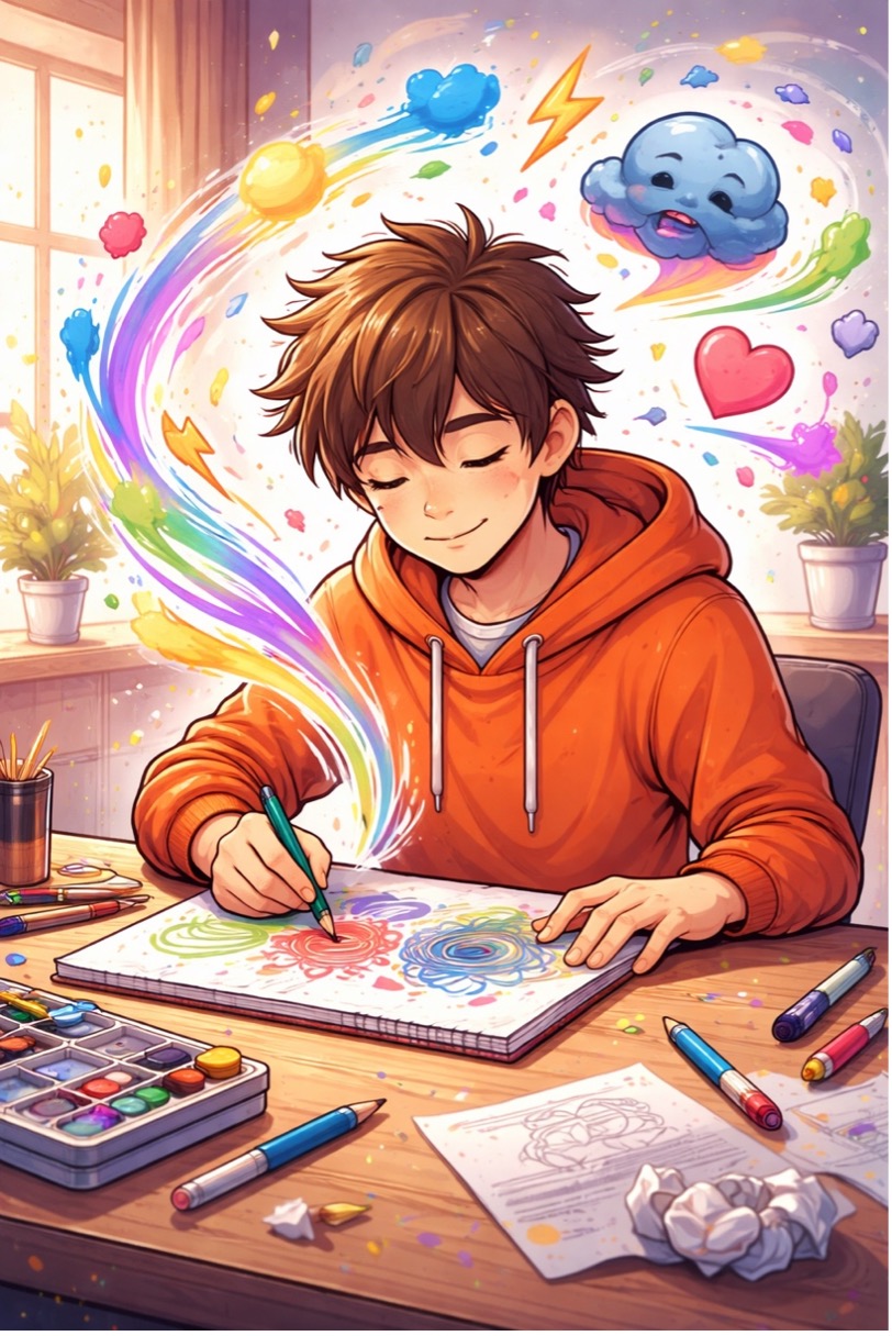 Adolescent apaisé dessinant ses émotions avec des couleurs vives qui s’envolent autour de lui, illustrant l’effet apaisant du dessin sur les émotions