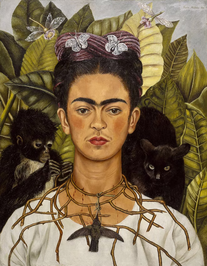 Frida Kahlo Autoportrait au collier d'épines et colibri 1940 illustrant l'identité artistique et l'expression personnelle en peinture.